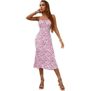 imageFloerns Womens Floral Print Drawstring Front Sleeveless Cami Midi DressHot Pink