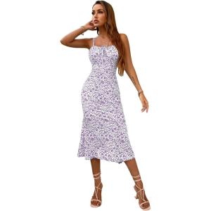 imageFloerns Womens Floral Print Drawstring Front Sleeveless Cami Midi DressLilac Purple