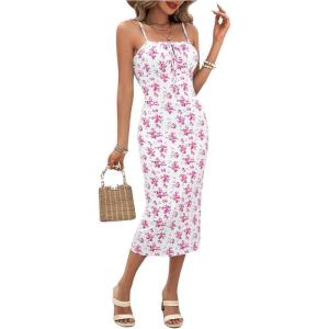 imageFloerns Womens Floral Print Drawstring Front Sleeveless Cami Midi DressPink White Ivory