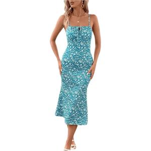 imageFloerns Womens Floral Print Drawstring Front Sleeveless Cami Midi DressTeal Blue White
