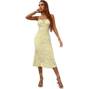 imageFloerns Womens Floral Print Drawstring Front Sleeveless Cami Midi DressYellow