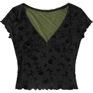 imageFloerns Womens Short Sleeve Lace Lettuce Trim Crop Top 90s Tee ShirtArmy Green