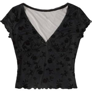 imageFloerns Womens Short Sleeve Lace Lettuce Trim Crop Top 90s Tee ShirtBlack Ink