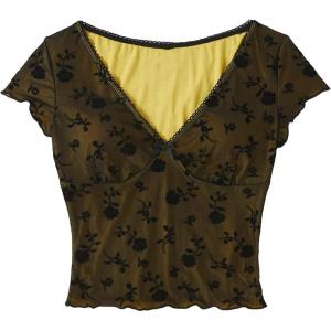 imageFloerns Womens Short Sleeve Lace Lettuce Trim Crop Top 90s Tee ShirtBlack and Yellow