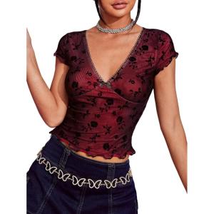 imageFloerns Womens Short Sleeve Lace Lettuce Trim Crop Top 90s Tee ShirtMaroon