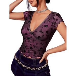 imageFloerns Womens Short Sleeve Lace Lettuce Trim Crop Top 90s Tee ShirtPurple