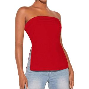 imageFloerns Womens Solid Strapless Bandeau Split Hem Casual Tube TopRed