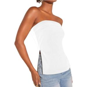 imageFloerns Womens Solid Strapless Bandeau Split Hem Casual Tube TopWhite