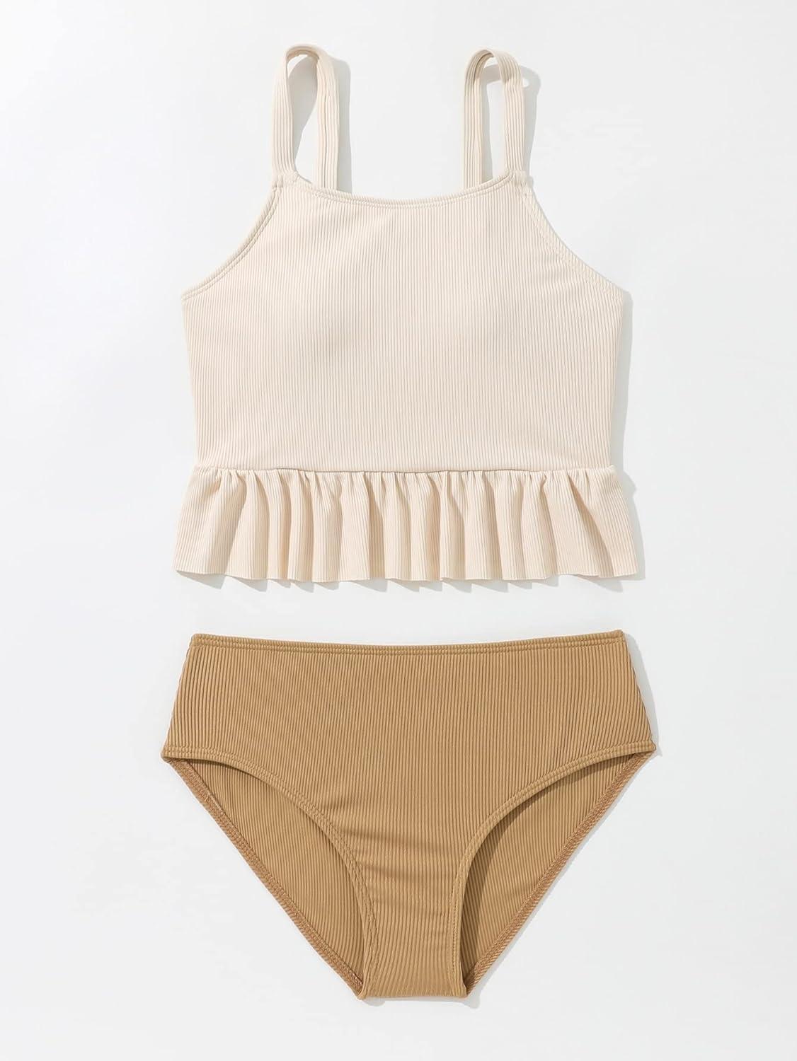 imageFloerns Girls Color Block Ruffle Trim Two Piece Bikini SwimsuitBeige