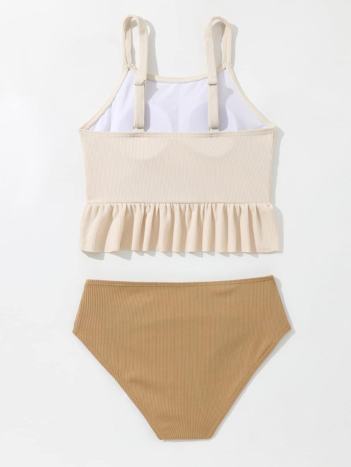imageFloerns Girls Color Block Ruffle Trim Two Piece Bikini SwimsuitBeige