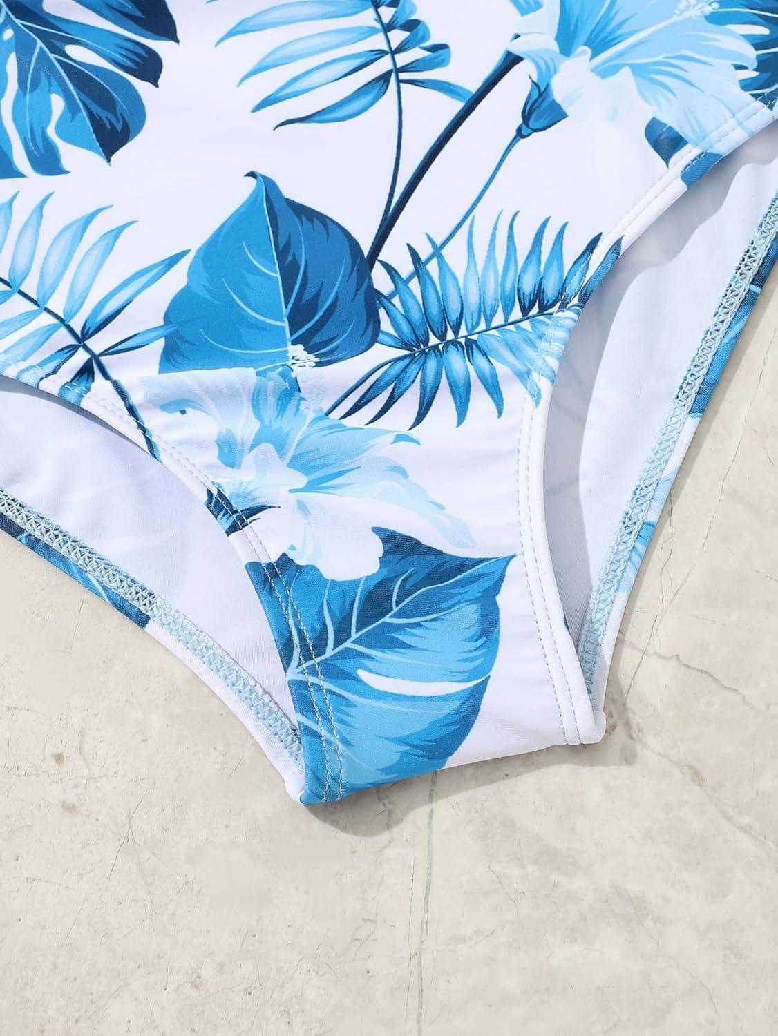 imageFloerns Girls Monokini Swimwear One Shoulder Ruffle Trim Cut Out One Piece SwimsuitBlue and White