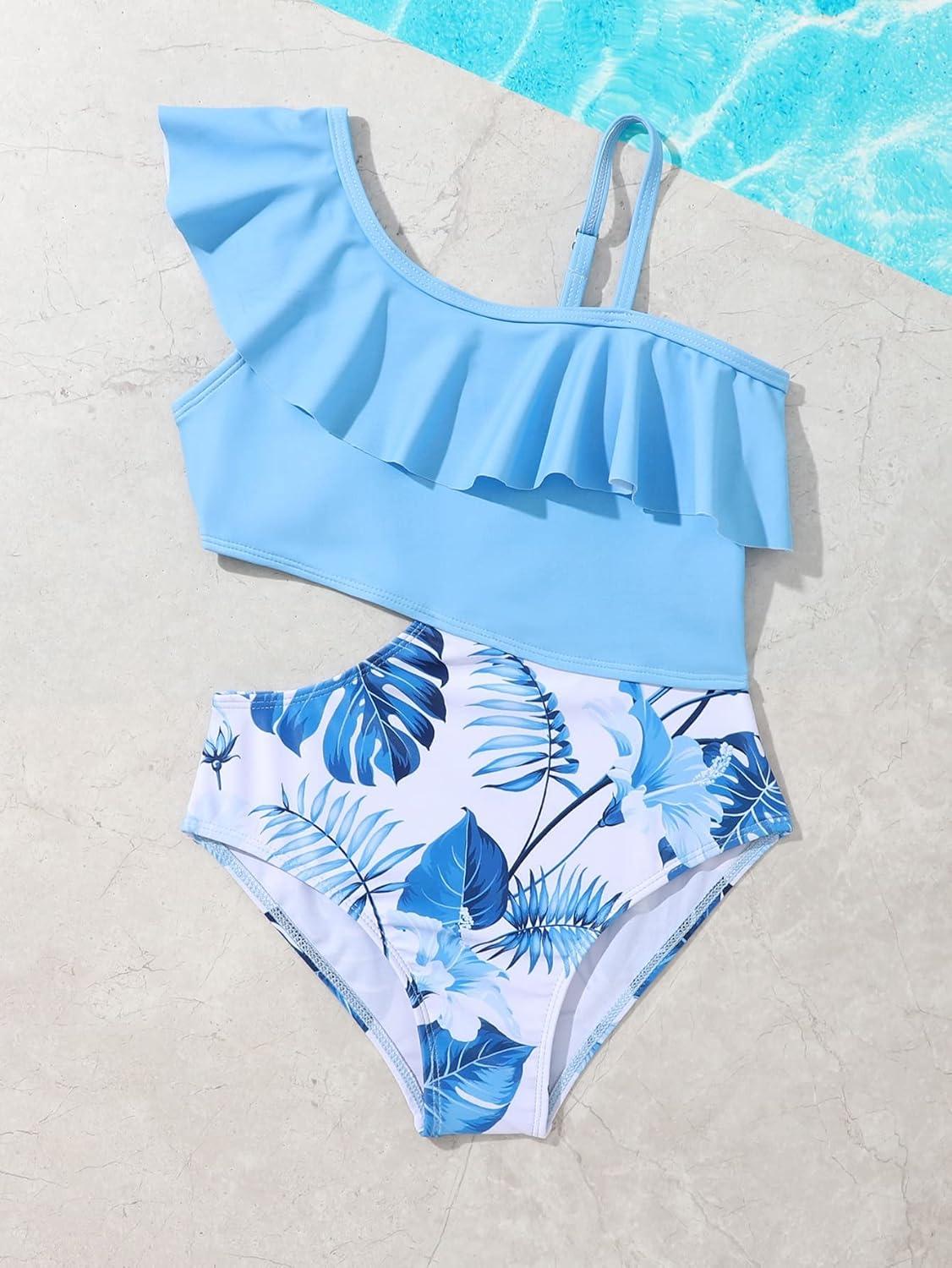 imageFloerns Girls Monokini Swimwear One Shoulder Ruffle Trim Cut Out One Piece SwimsuitBlue and White