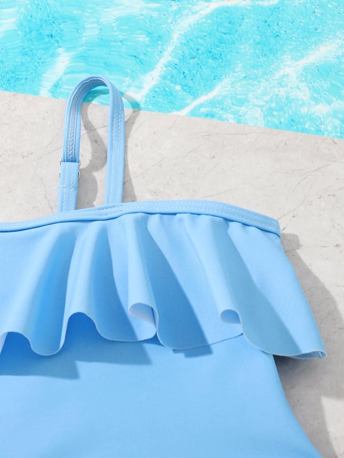 imageFloerns Girls Monokini Swimwear One Shoulder Ruffle Trim Cut Out One Piece SwimsuitBlue and White