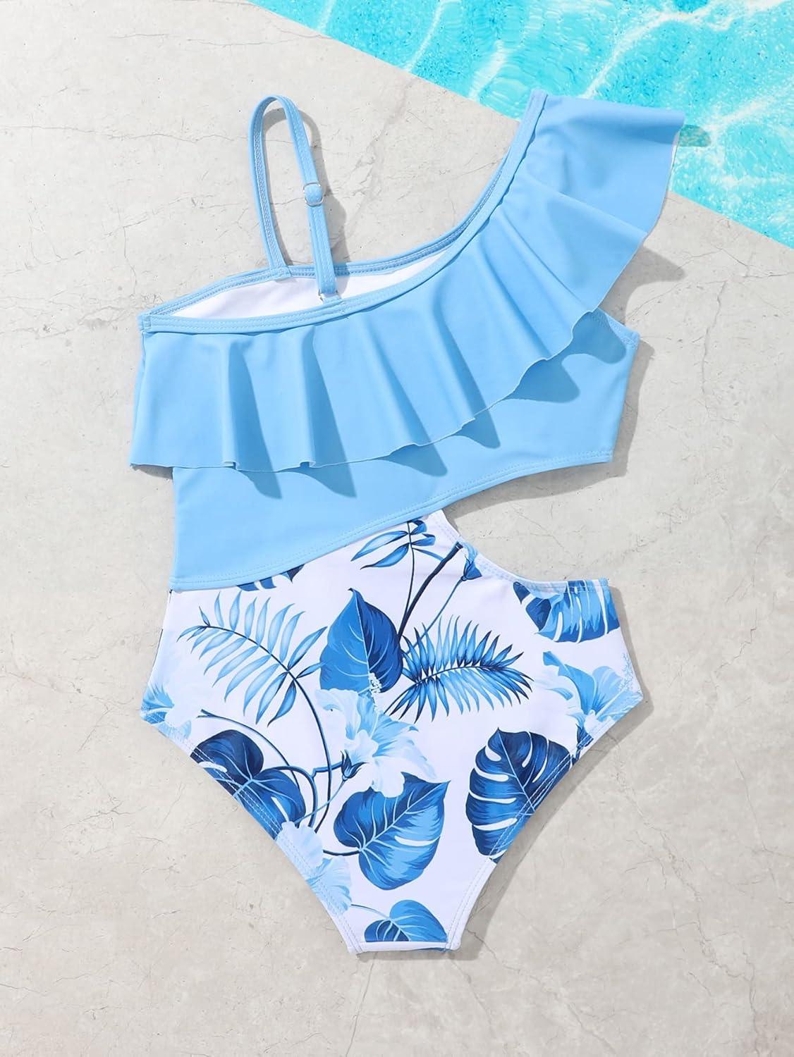 imageFloerns Girls Monokini Swimwear One Shoulder Ruffle Trim Cut Out One Piece SwimsuitBlue and White