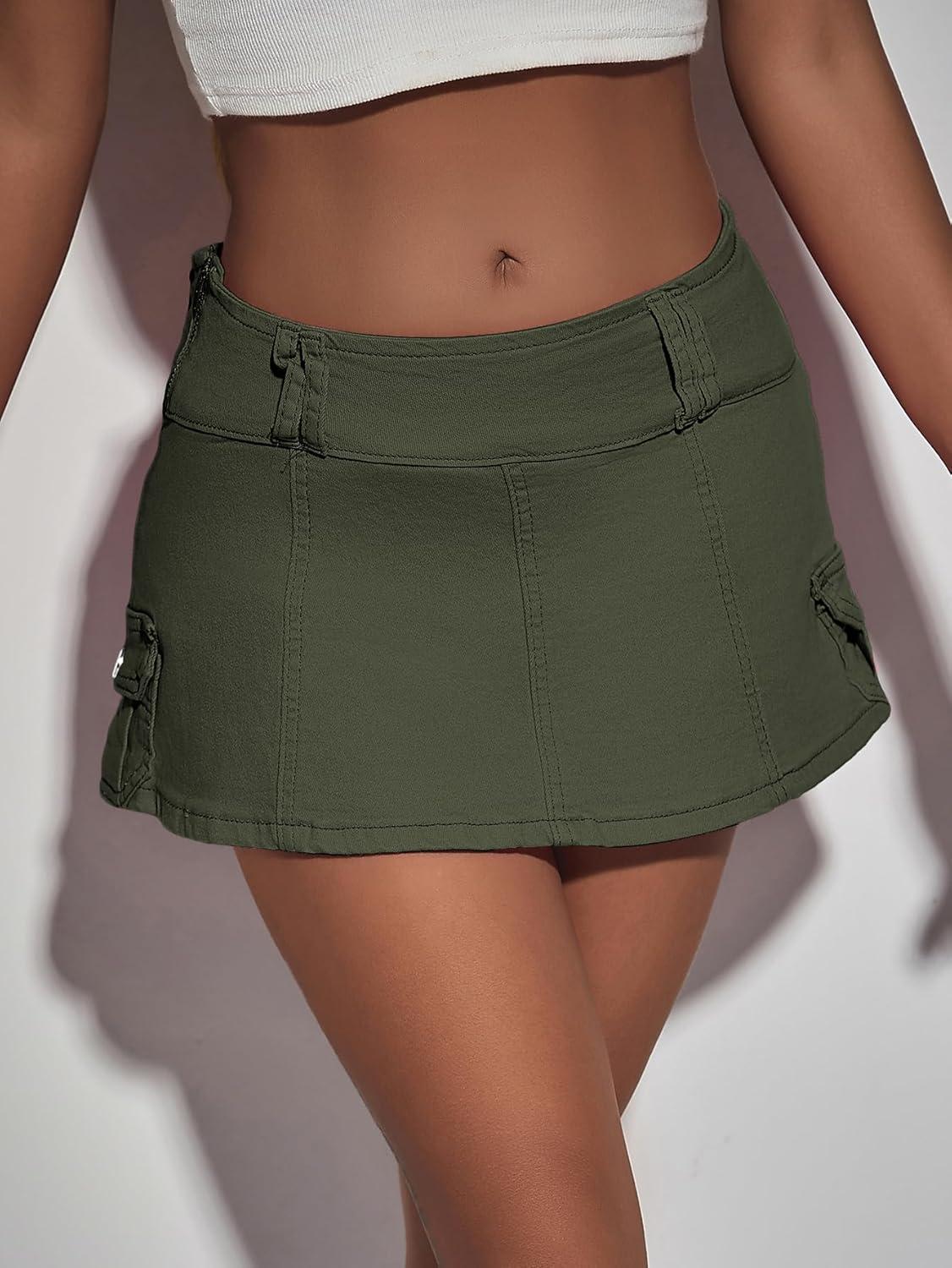 imageFloerns Womens Casual A Line Flare Jean Denim Mini Skirts with PocketArmy Green Solid