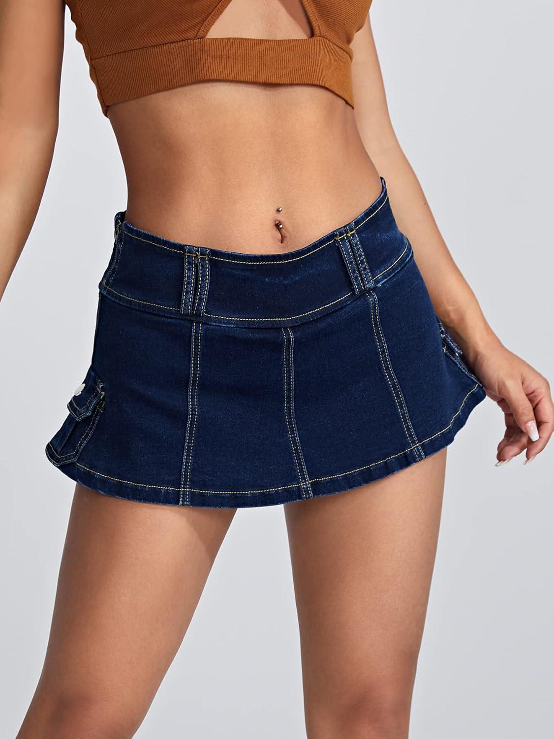 imageFloerns Womens Casual A Line Flare Jean Denim Mini Skirts with PocketBlue
