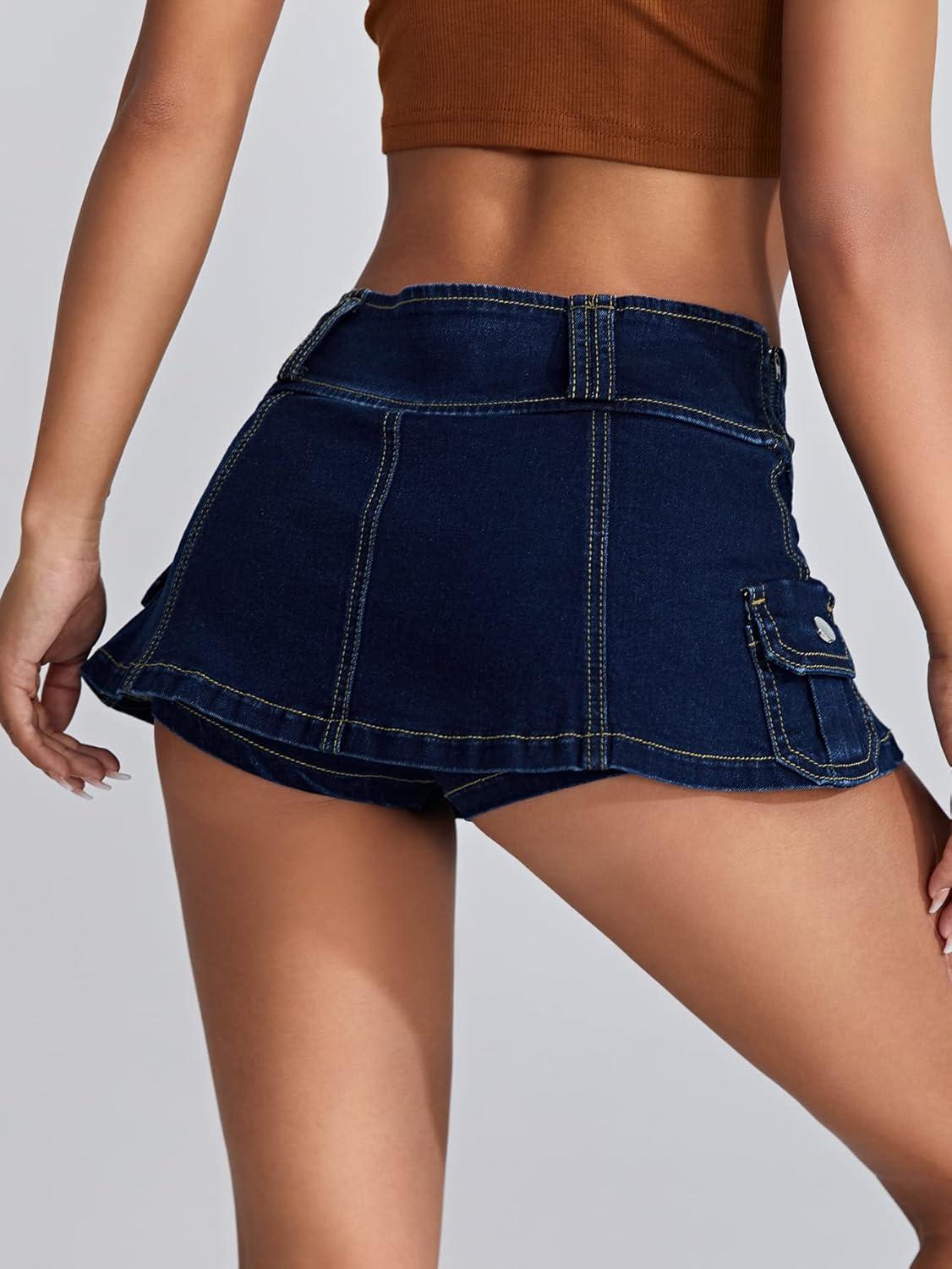 imageFloerns Womens Casual A Line Flare Jean Denim Mini Skirts with PocketBlue