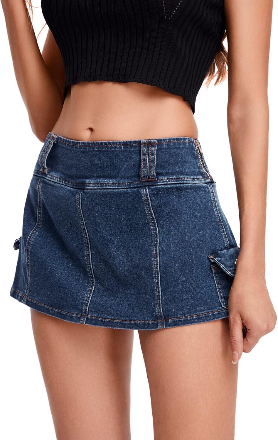 imageFloerns Womens Casual A Line Flare Jean Denim Mini Skirts with PocketDark Blue