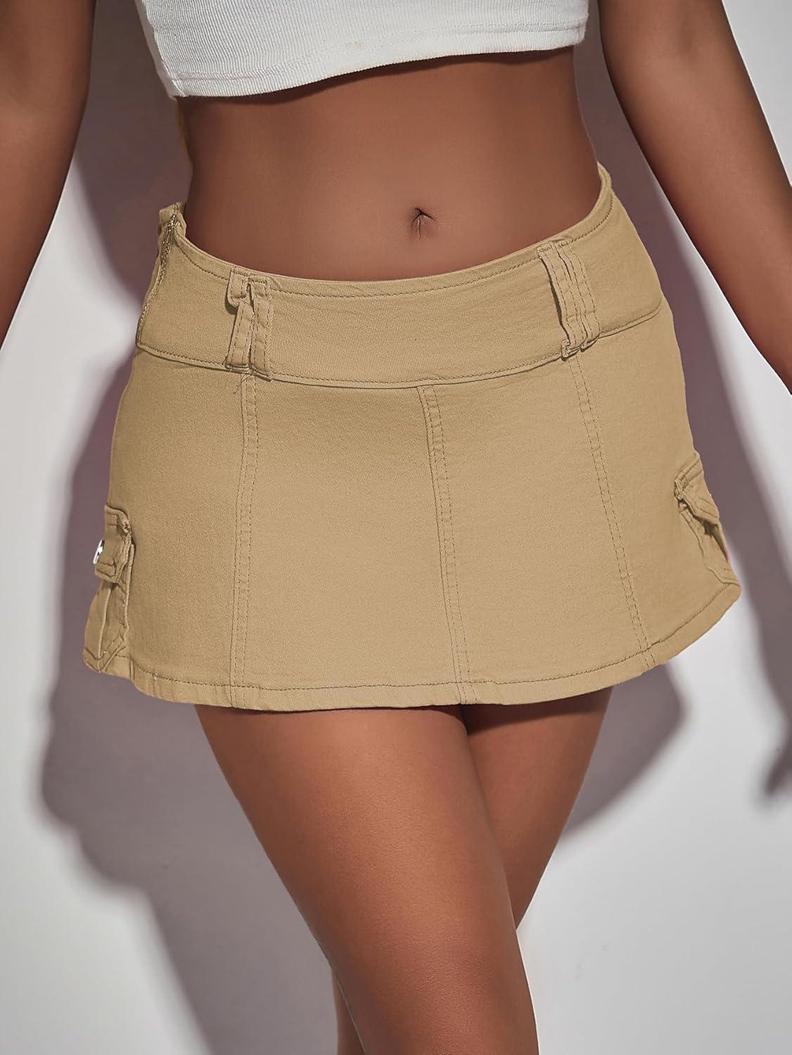 imageFloerns Womens Casual A Line Flare Jean Denim Mini Skirts with PocketKhaki Plain