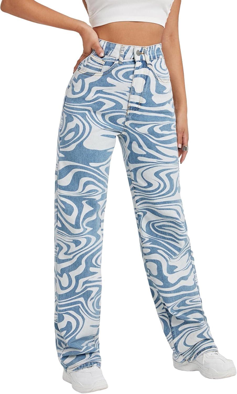 imageFloerns Womens High Waist Print Pants Y2K Print Wide Leg Denim JeansBlue