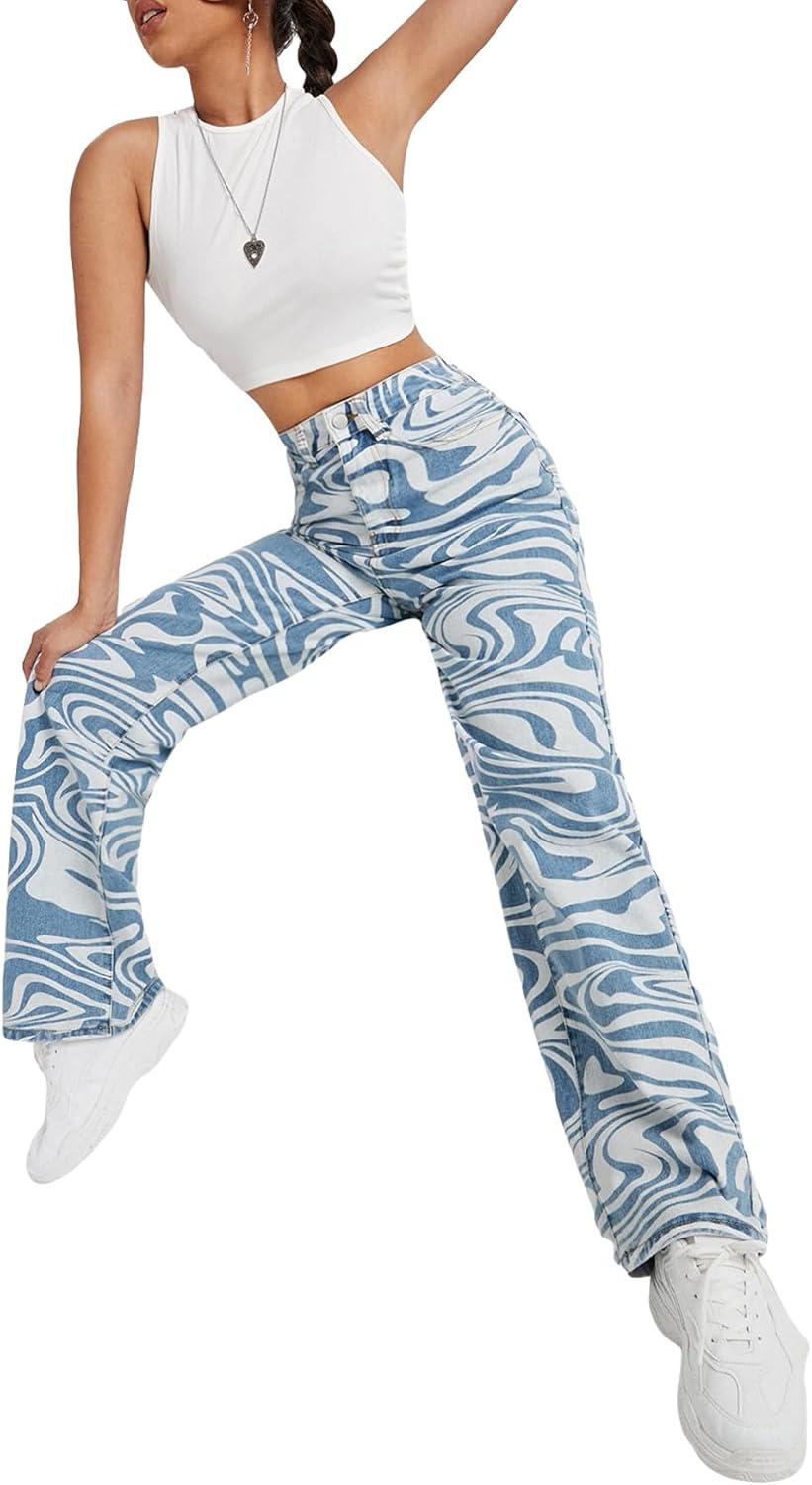 imageFloerns Womens High Waist Print Pants Y2K Print Wide Leg Denim JeansBlue