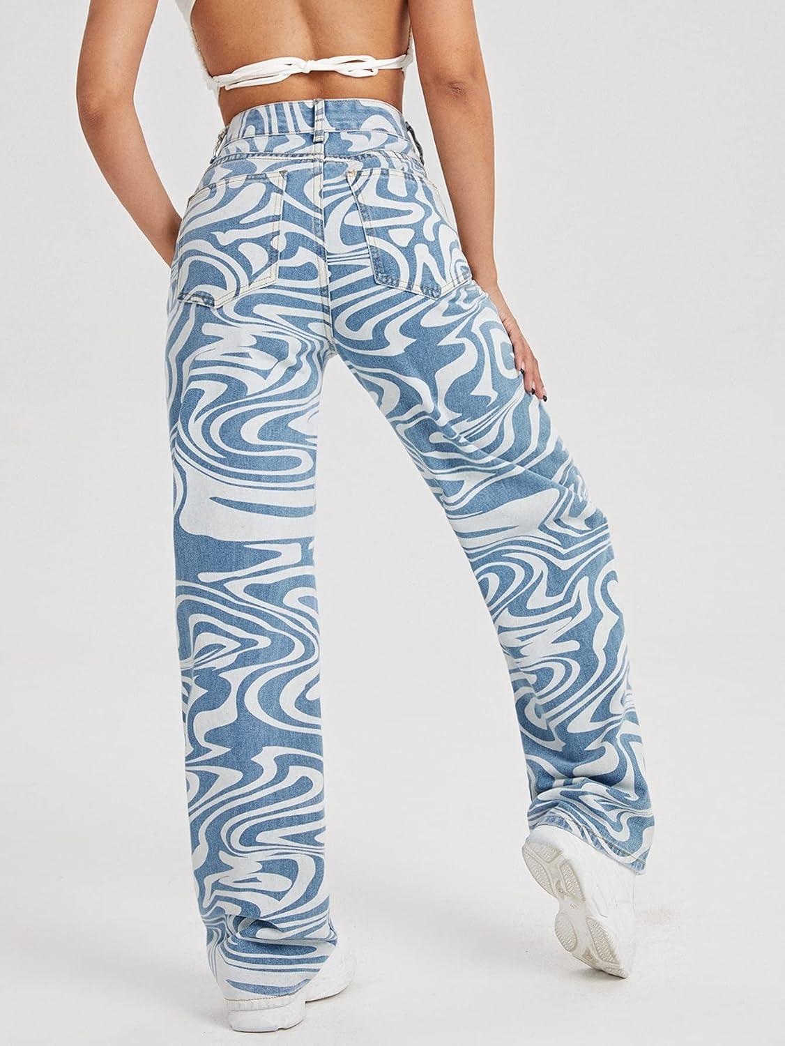 imageFloerns Womens High Waist Print Pants Y2K Print Wide Leg Denim JeansBlue