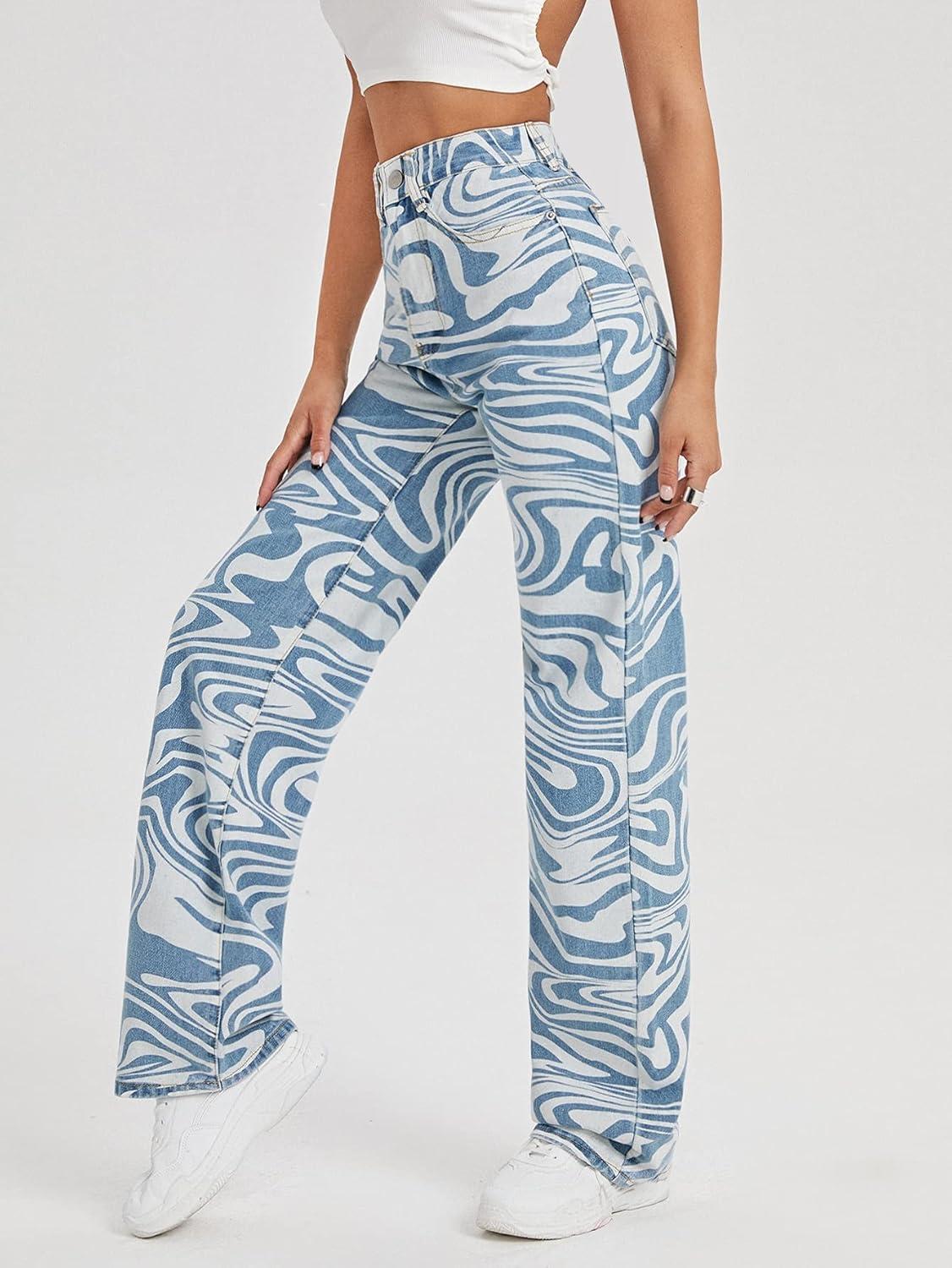imageFloerns Womens High Waist Print Pants Y2K Print Wide Leg Denim JeansBlue