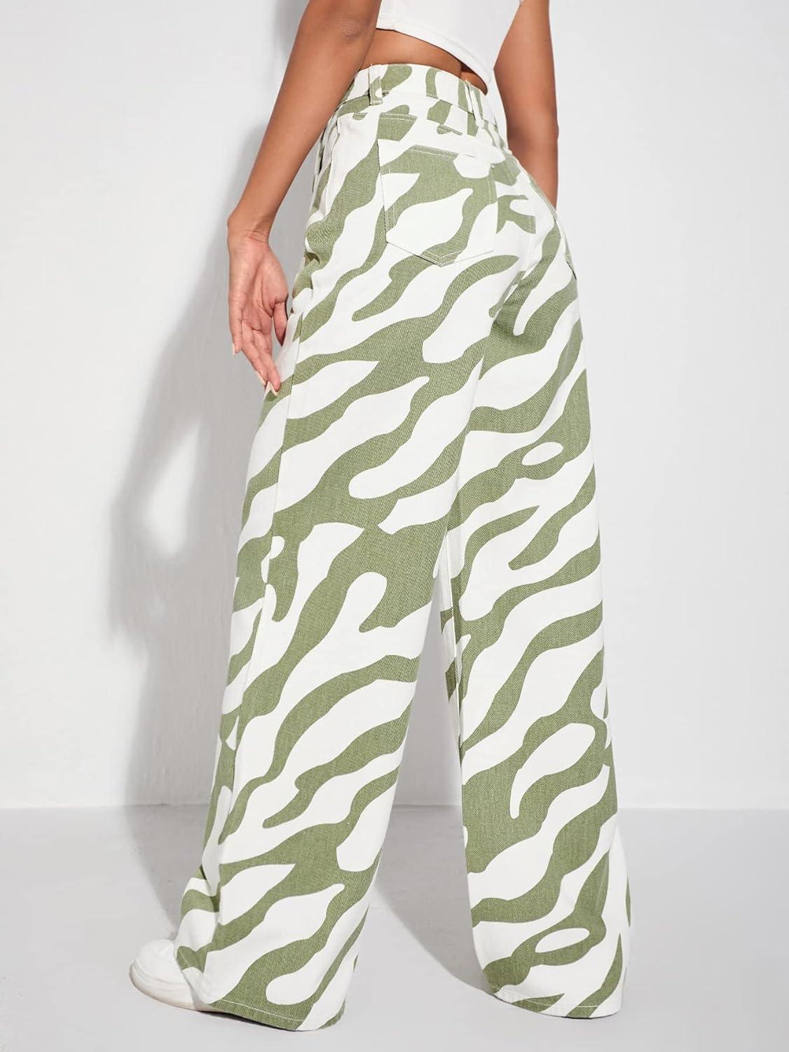 imageFloerns Womens High Waist Print Pants Y2K Print Wide Leg Denim JeansGreen White