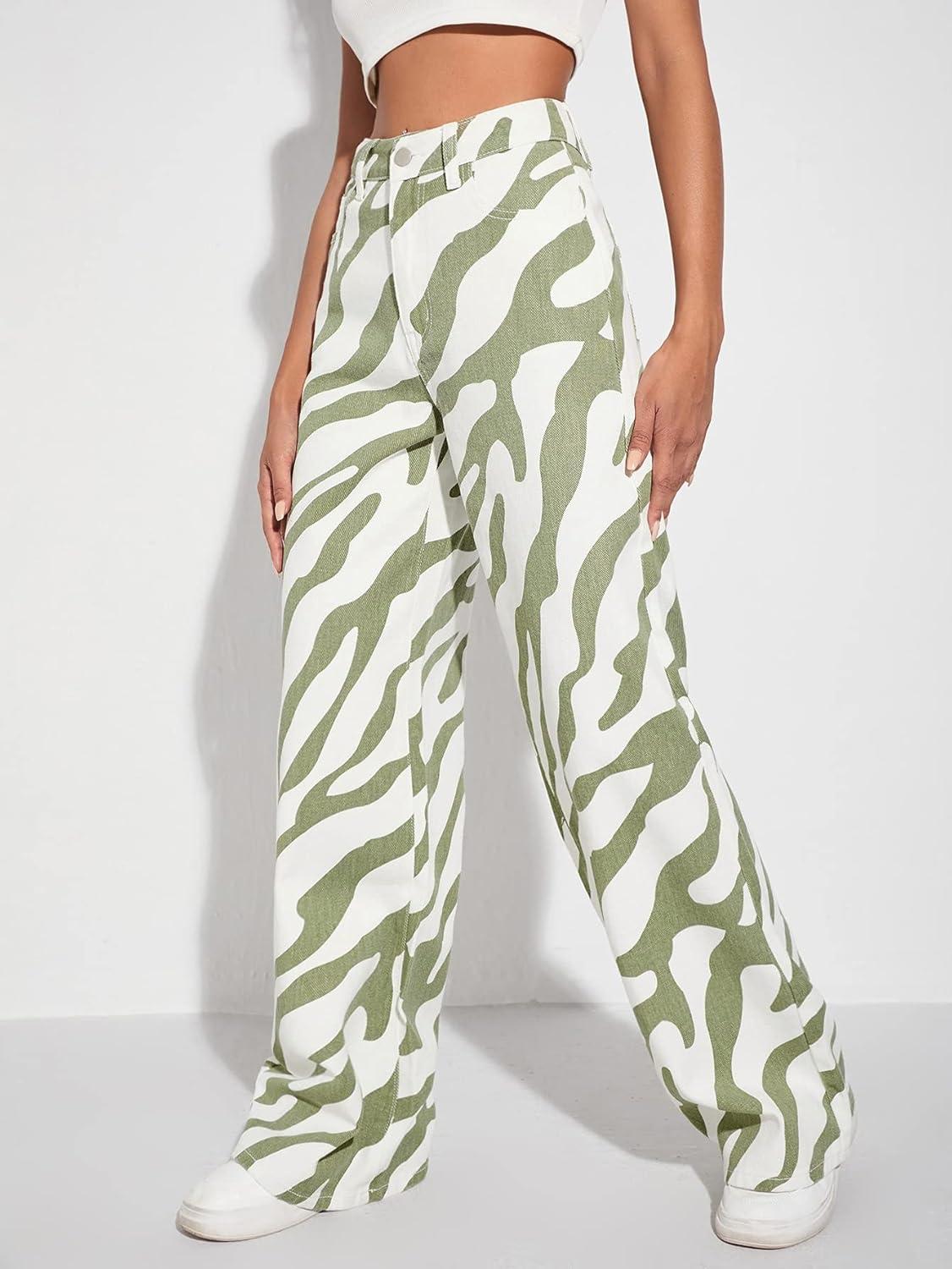 imageFloerns Womens High Waist Print Pants Y2K Print Wide Leg Denim JeansGreen White