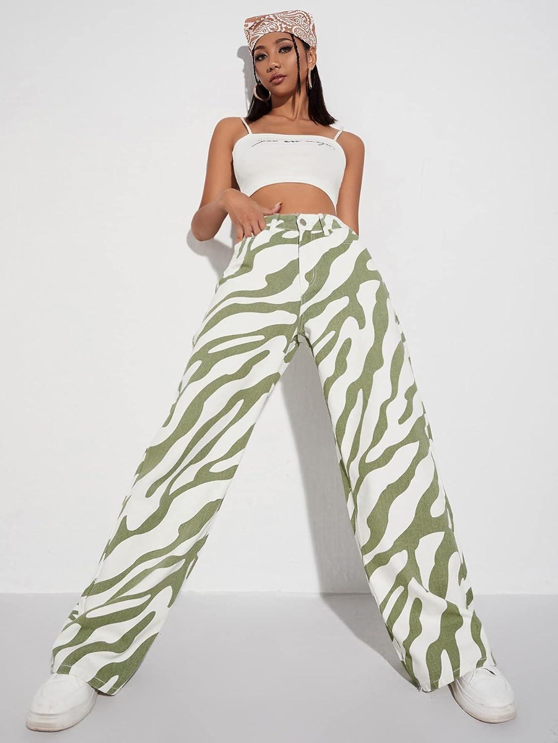 imageFloerns Womens High Waist Print Pants Y2K Print Wide Leg Denim JeansGreen White