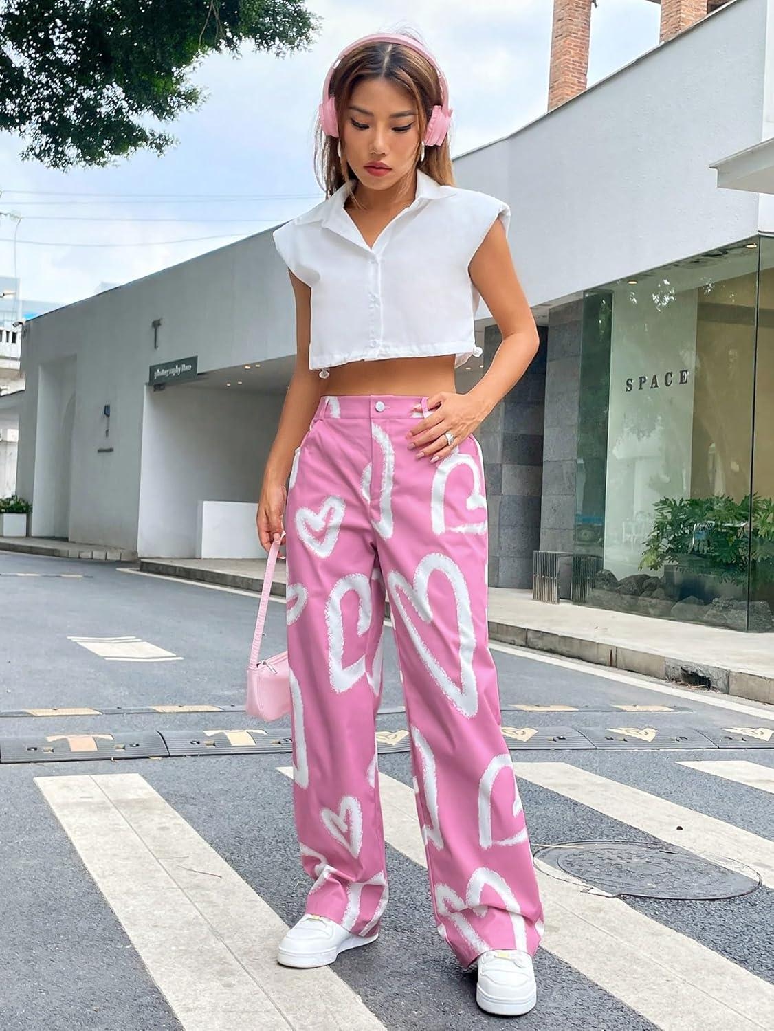 imageFloerns Womens High Waist Print Pants Y2K Print Wide Leg Denim JeansHeart Pink