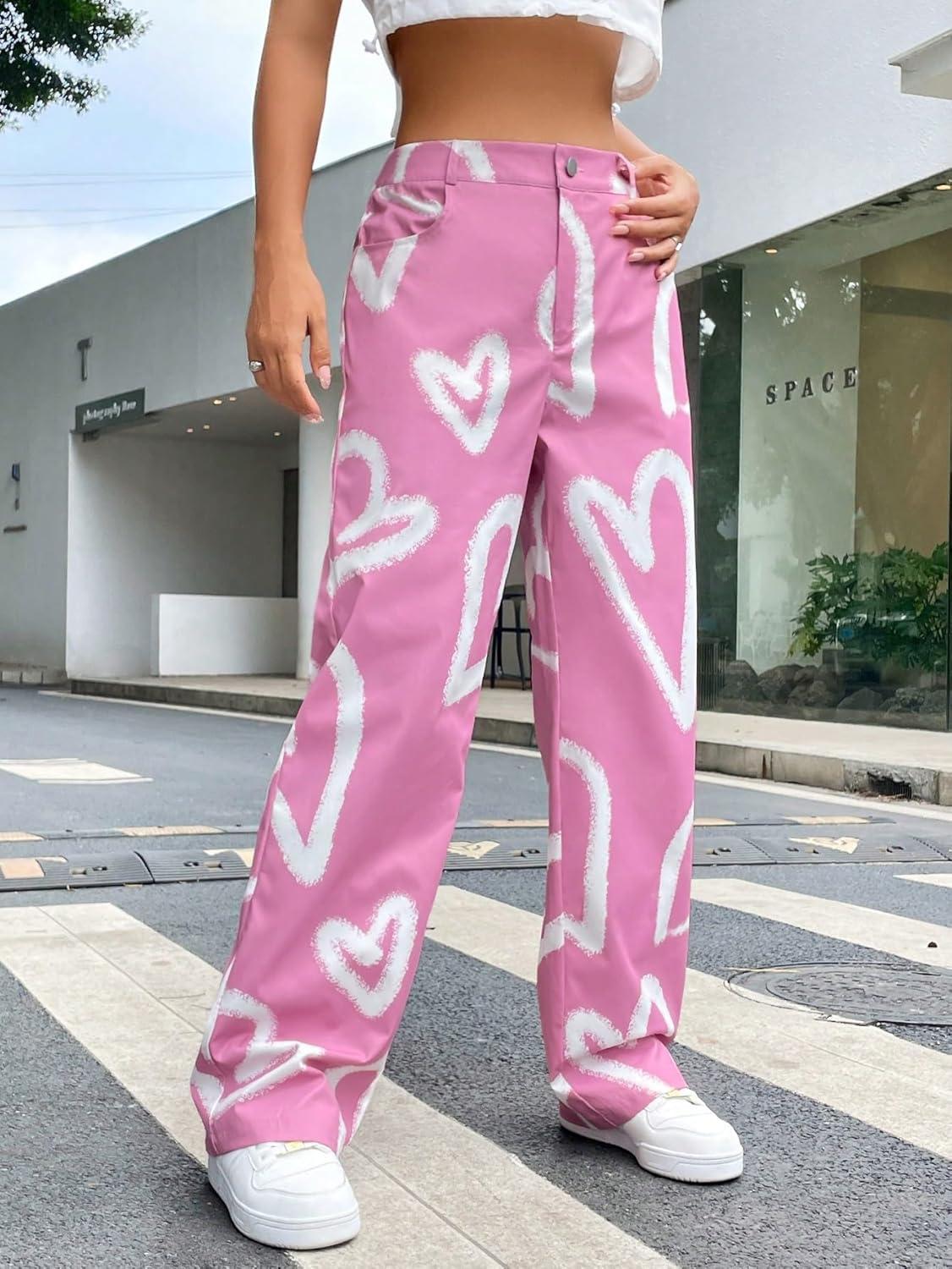 imageFloerns Womens High Waist Print Pants Y2K Print Wide Leg Denim JeansHeart Pink