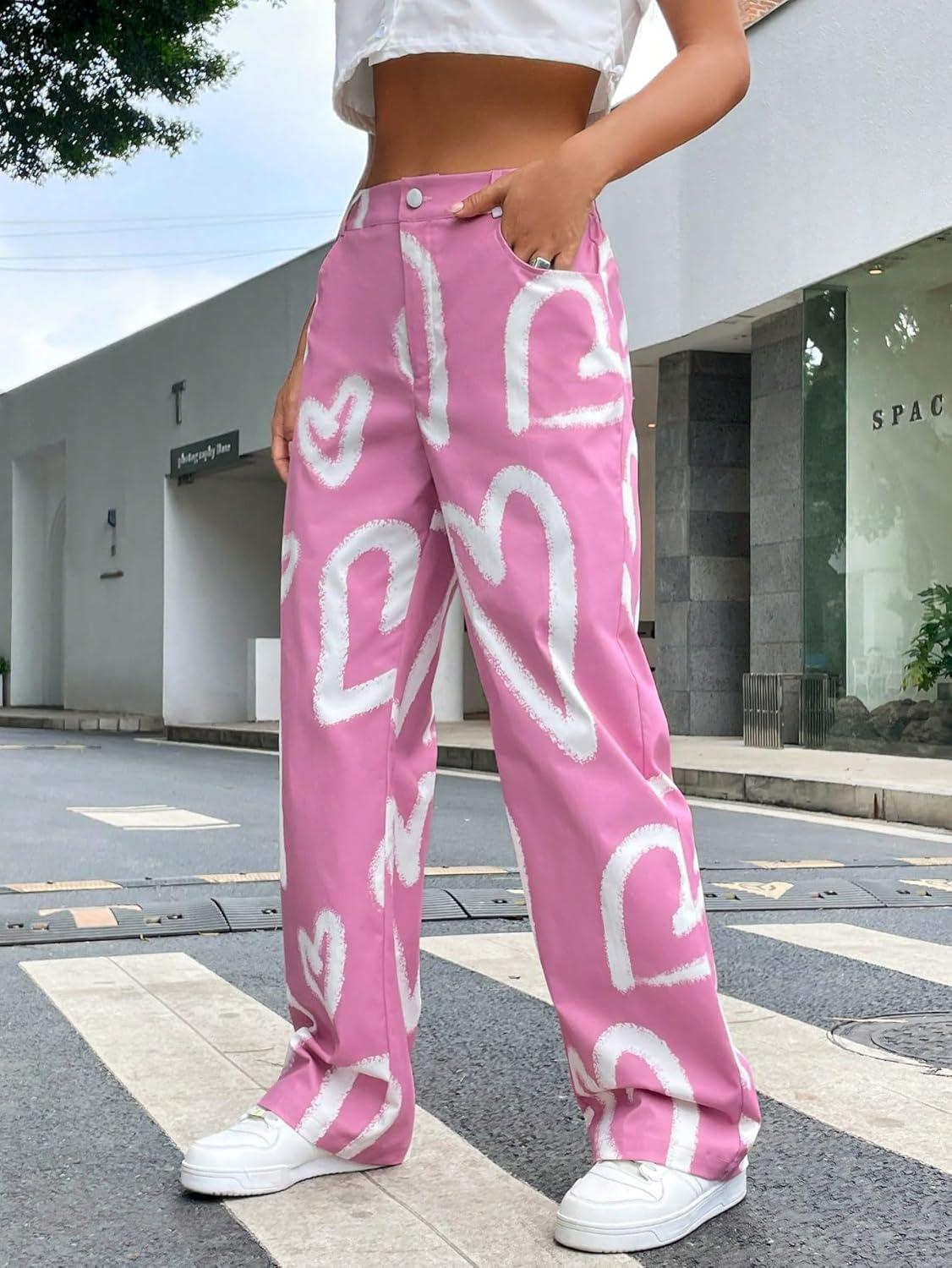 imageFloerns Womens High Waist Print Pants Y2K Print Wide Leg Denim JeansHeart Pink