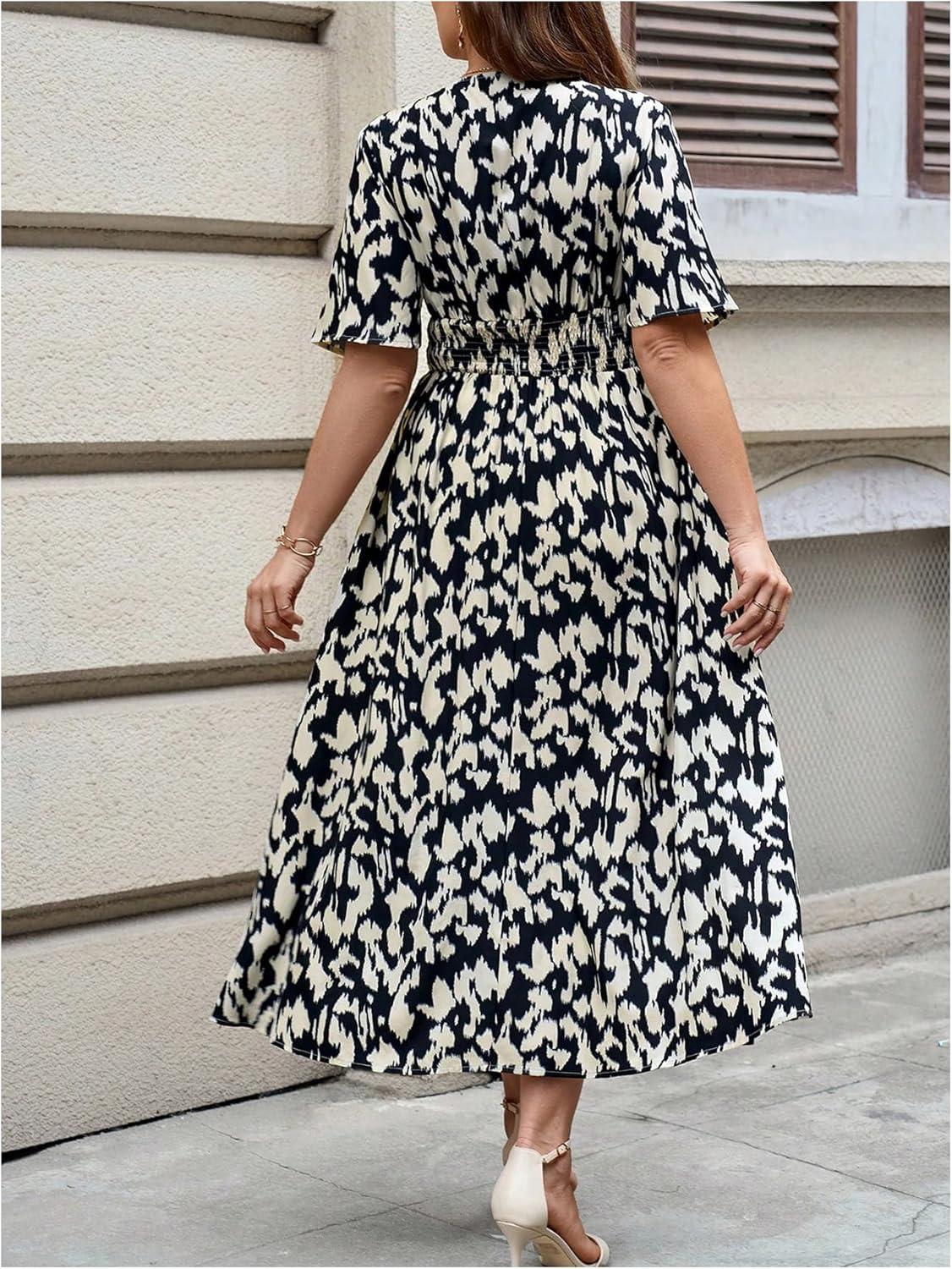 imageFloerns Womens Plus Size Boho Floral V Neck Short Sleeve A Line Long DressBlack  White Colorblock