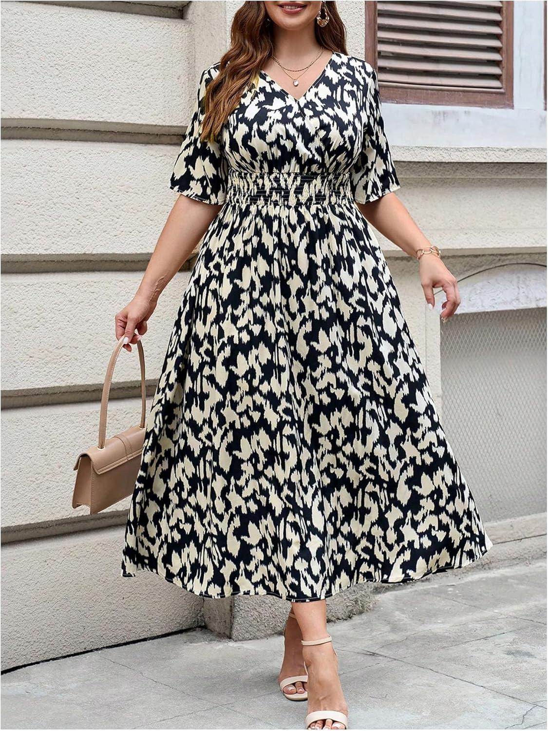 imageFloerns Womens Plus Size Boho Floral V Neck Short Sleeve A Line Long DressBlack  White Colorblock