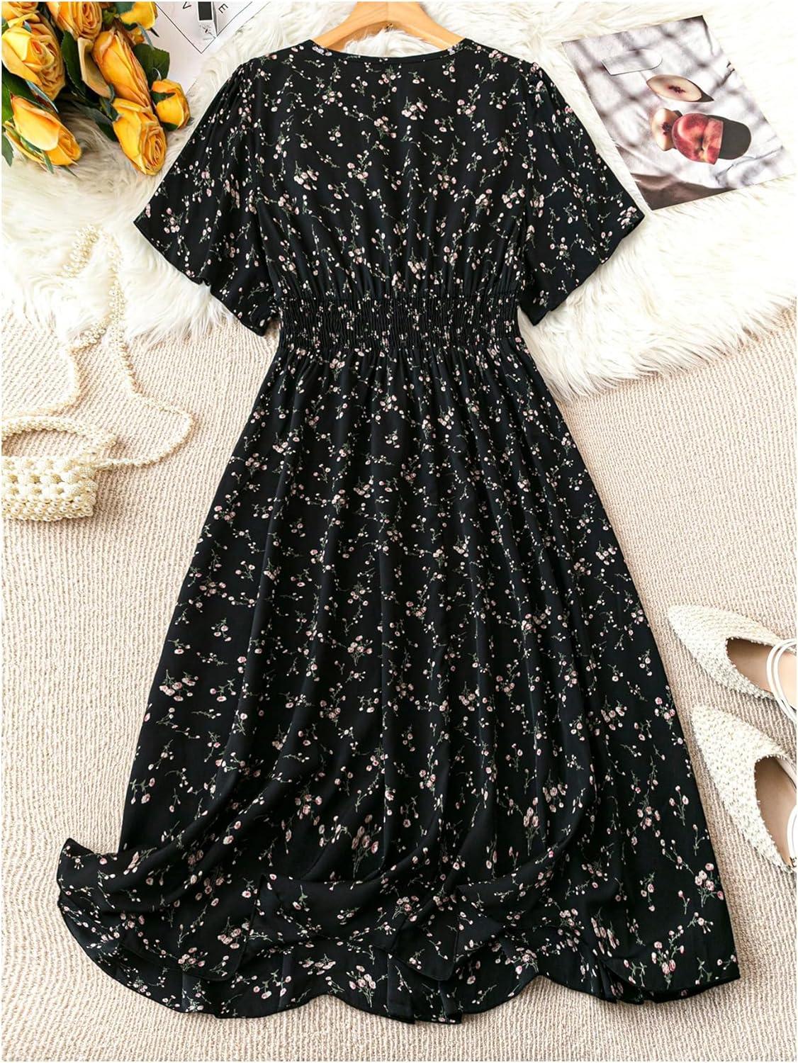 imageFloerns Womens Plus Size Boho Floral V Neck Short Sleeve A Line Long DressBlack Ink