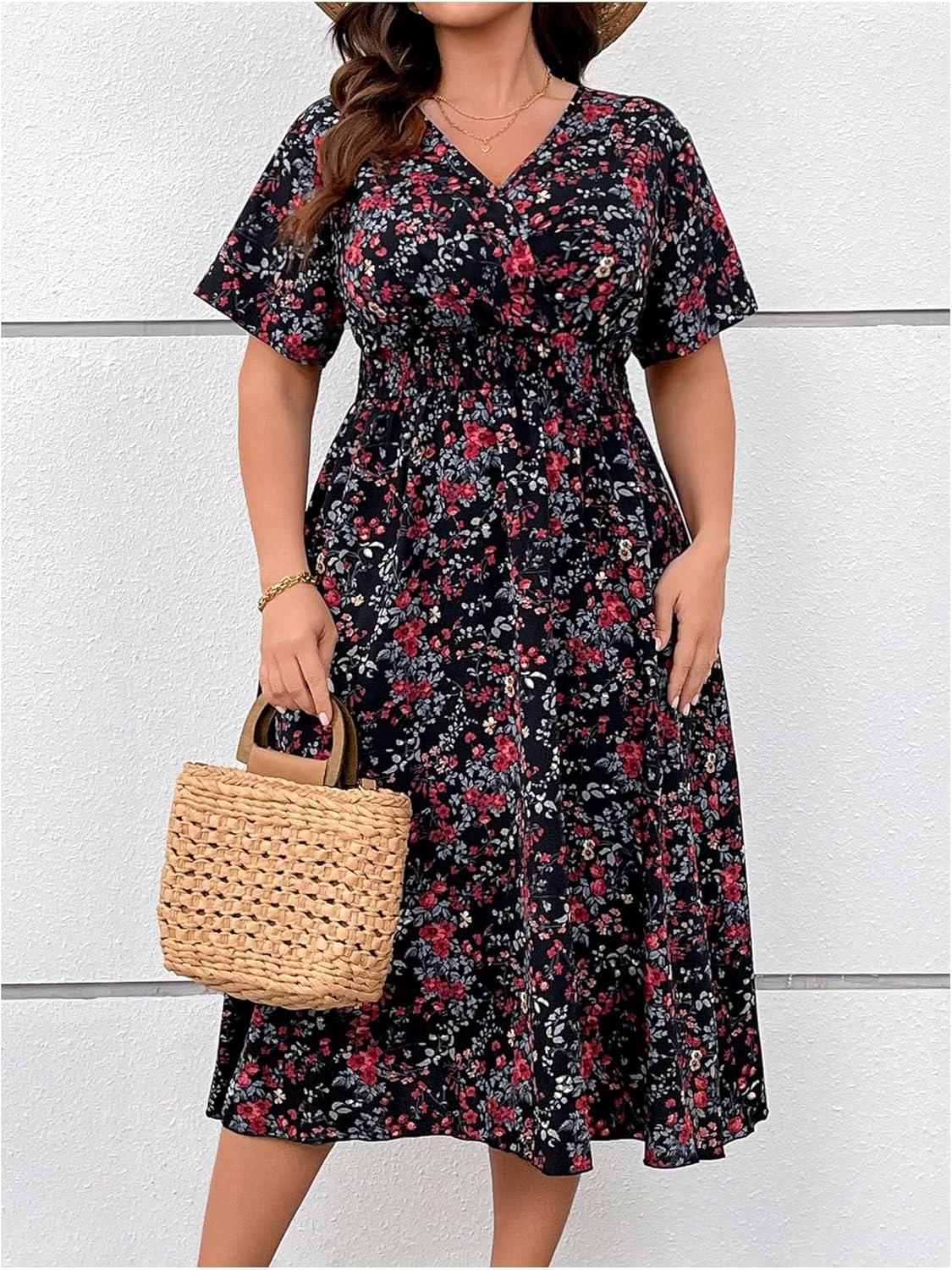 imageFloerns Womens Plus Size Boho Floral V Neck Short Sleeve A Line Long DressBlack Multi