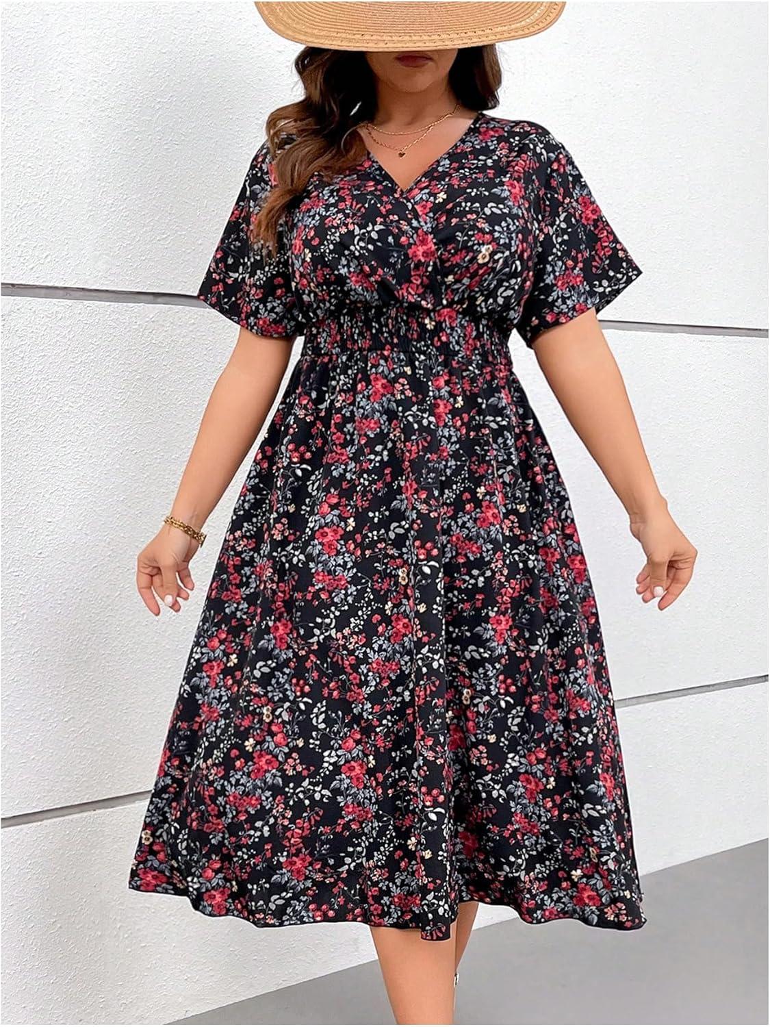 imageFloerns Womens Plus Size Boho Floral V Neck Short Sleeve A Line Long DressBlack Multi