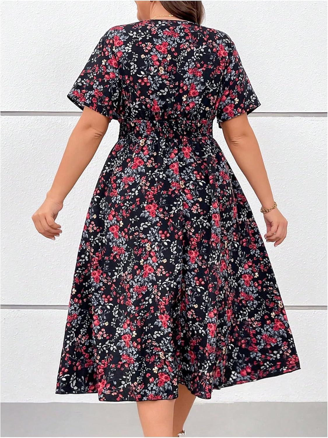 imageFloerns Womens Plus Size Boho Floral V Neck Short Sleeve A Line Long DressBlack Multi