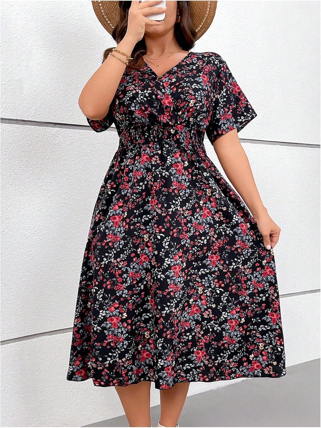 imageFloerns Womens Plus Size Boho Floral V Neck Short Sleeve A Line Long DressBlack Multi