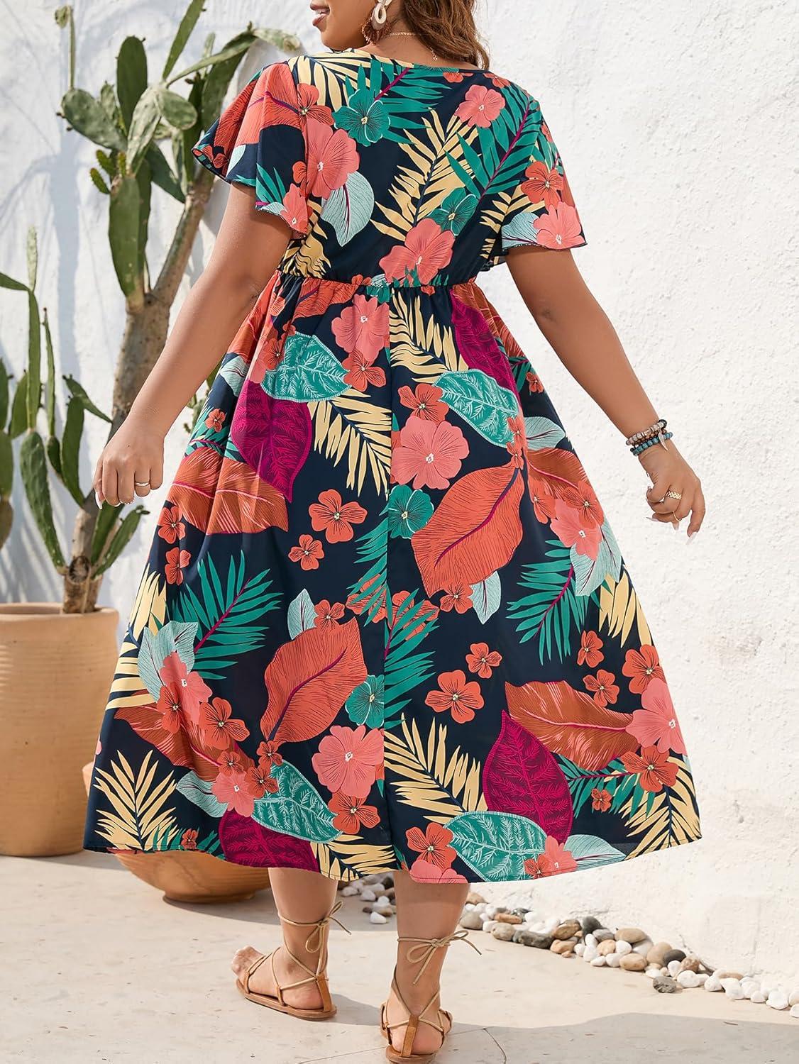 imageFloerns Womens Plus Size Boho Floral V Neck Short Sleeve A Line Long DressBlack Orange Tropical