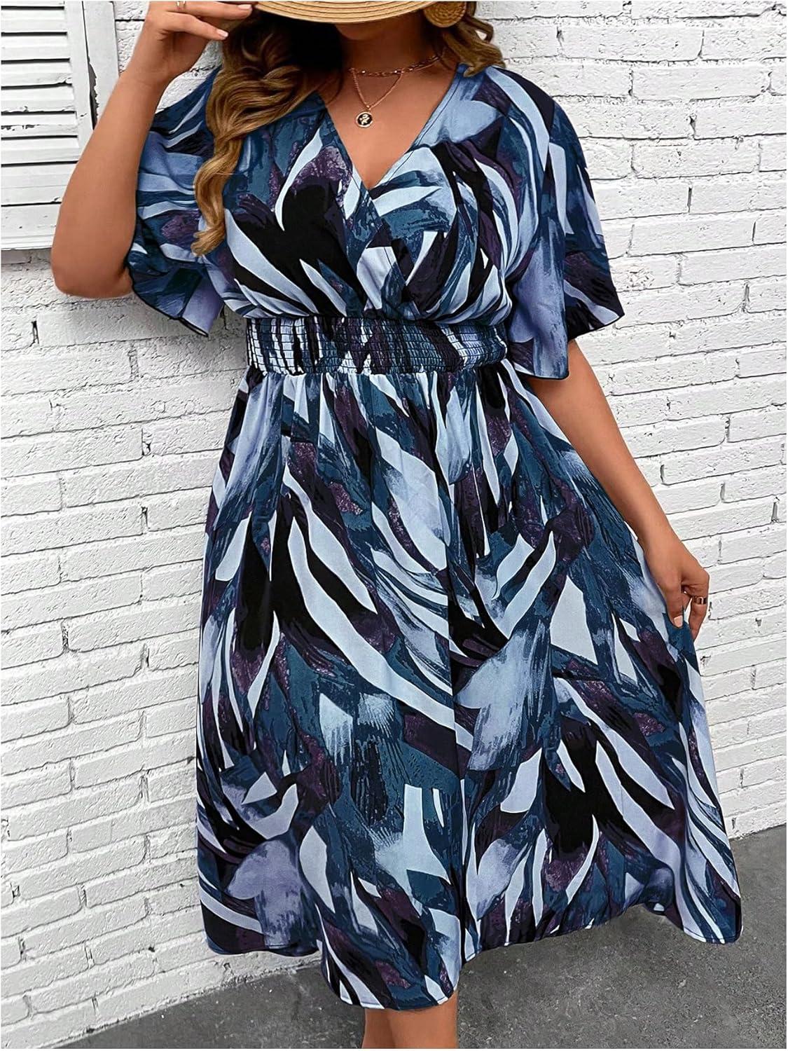 imageFloerns Womens Plus Size Boho Floral V Neck Short Sleeve A Line Long DressBlue Multi