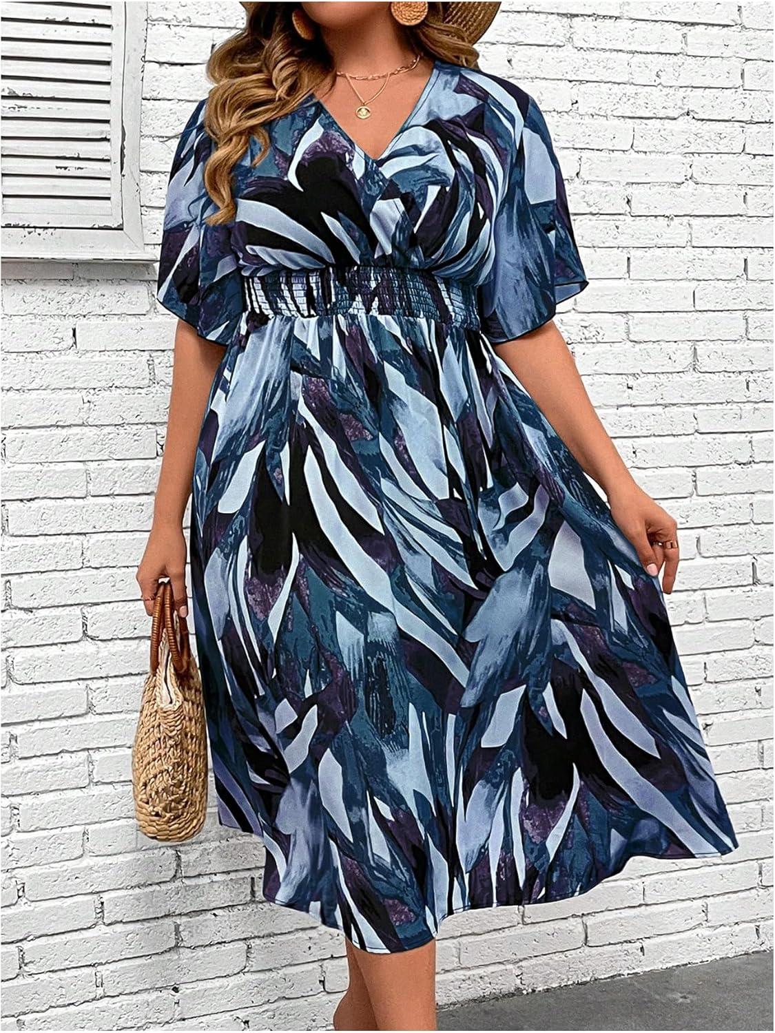 imageFloerns Womens Plus Size Boho Floral V Neck Short Sleeve A Line Long DressBlue Multi