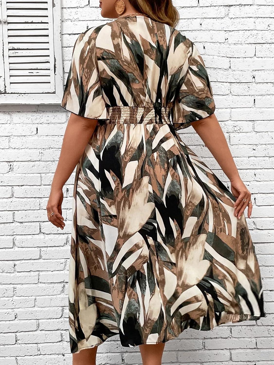 imageFloerns Womens Plus Size Boho Floral V Neck Short Sleeve A Line Long DressBrown Multi