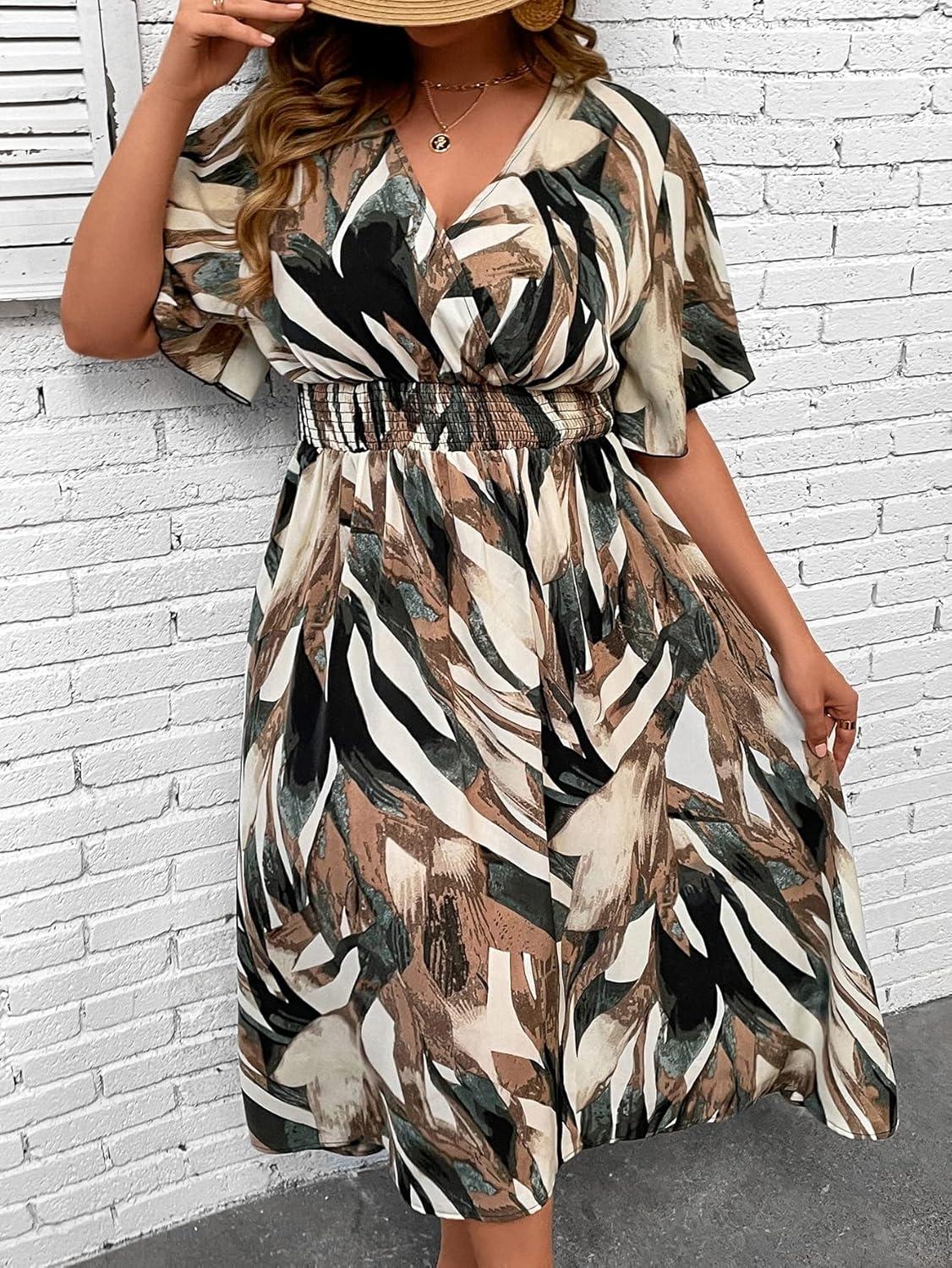 imageFloerns Womens Plus Size Boho Floral V Neck Short Sleeve A Line Long DressBrown Multi
