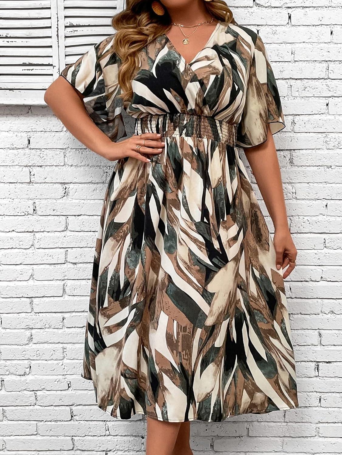 imageFloerns Womens Plus Size Boho Floral V Neck Short Sleeve A Line Long DressBrown Multi