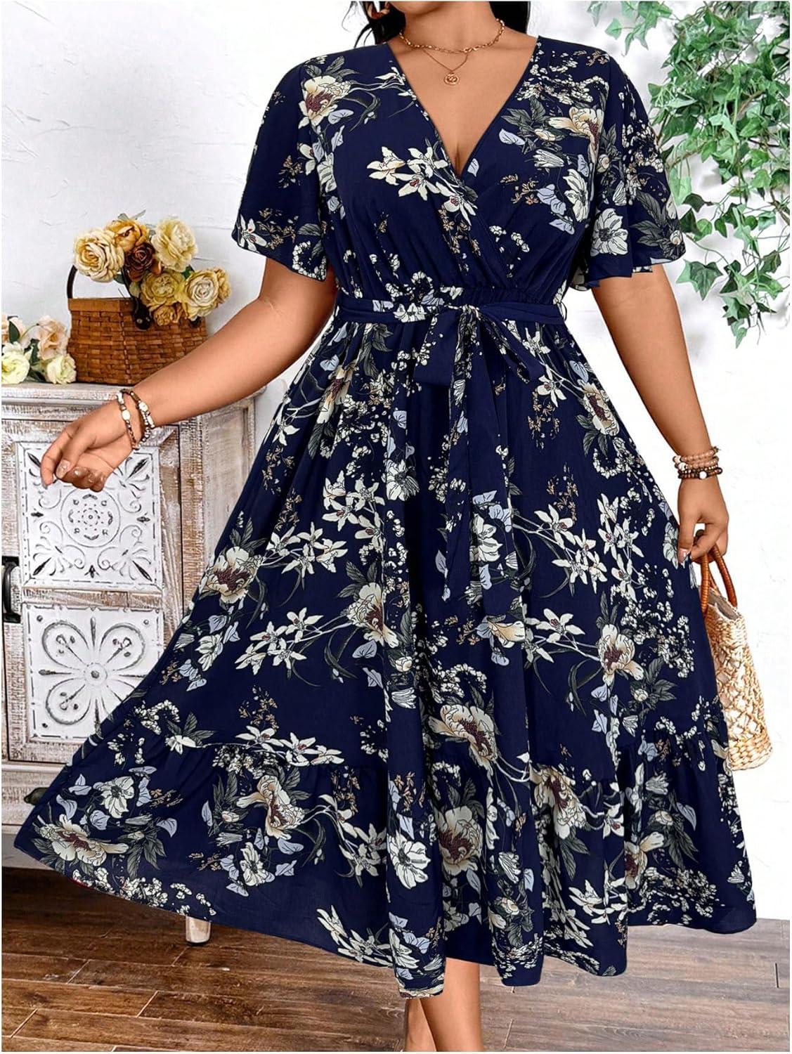 imageFloerns Womens Plus Size Boho Floral V Neck Short Sleeve A Line Long DressDark Blue Foral