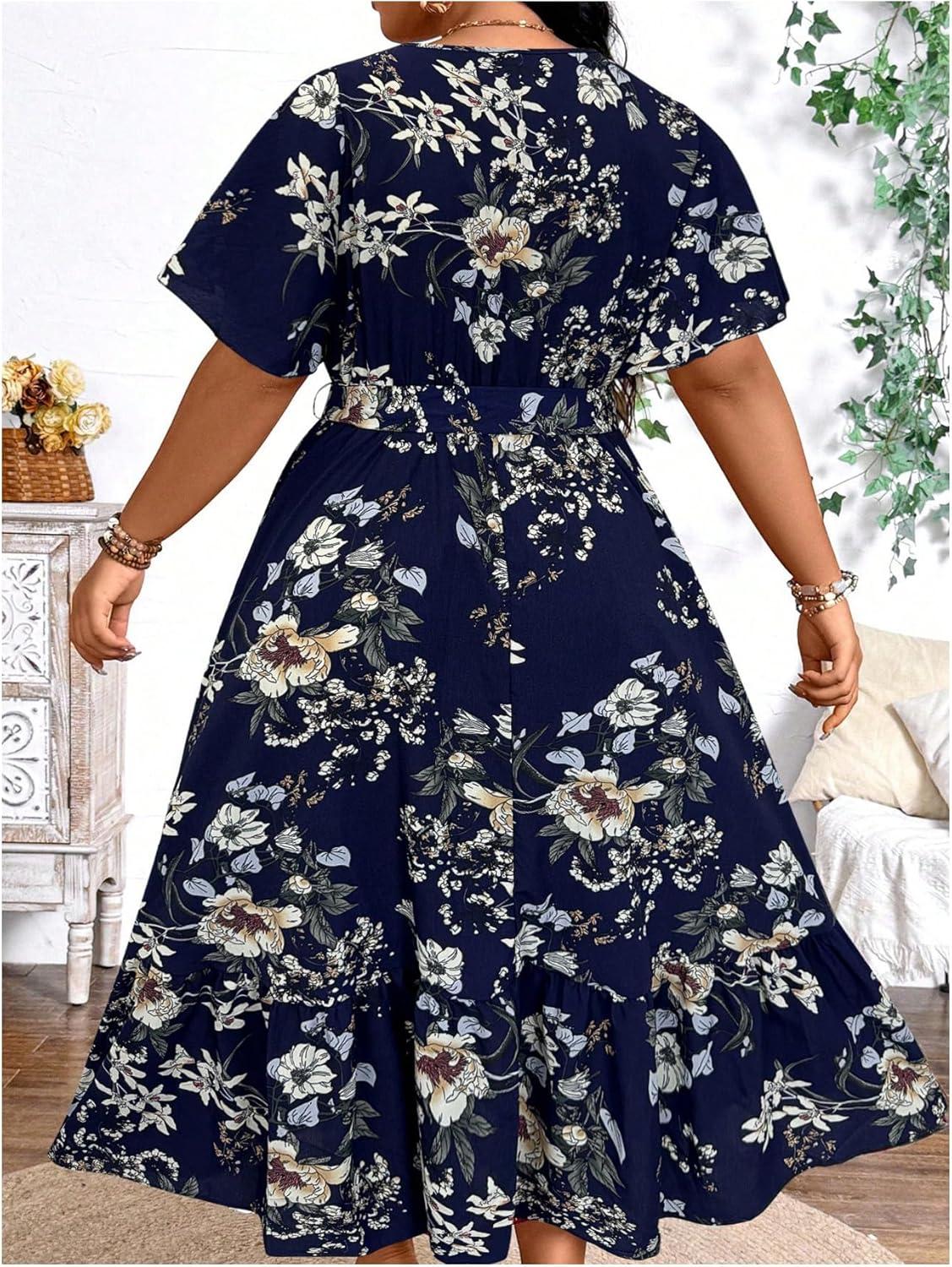 imageFloerns Womens Plus Size Boho Floral V Neck Short Sleeve A Line Long DressDark Blue Foral