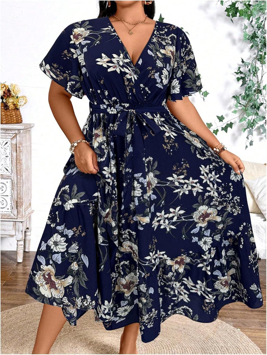 imageFloerns Womens Plus Size Boho Floral V Neck Short Sleeve A Line Long DressDark Blue Foral