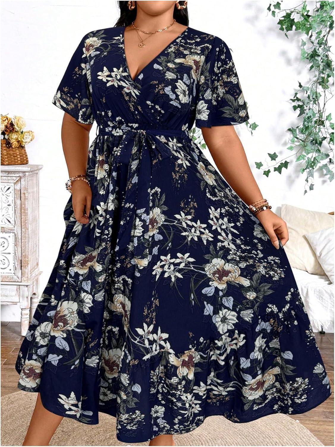imageFloerns Womens Plus Size Boho Floral V Neck Short Sleeve A Line Long DressDark Blue Foral
